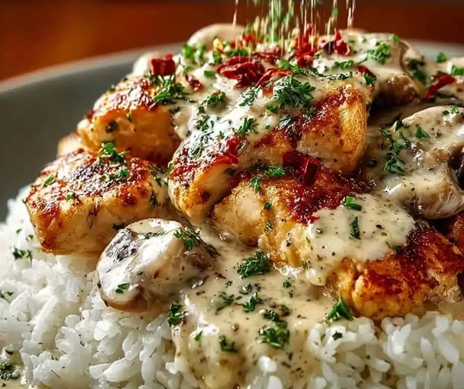 Creamy smothered chicken served over rice