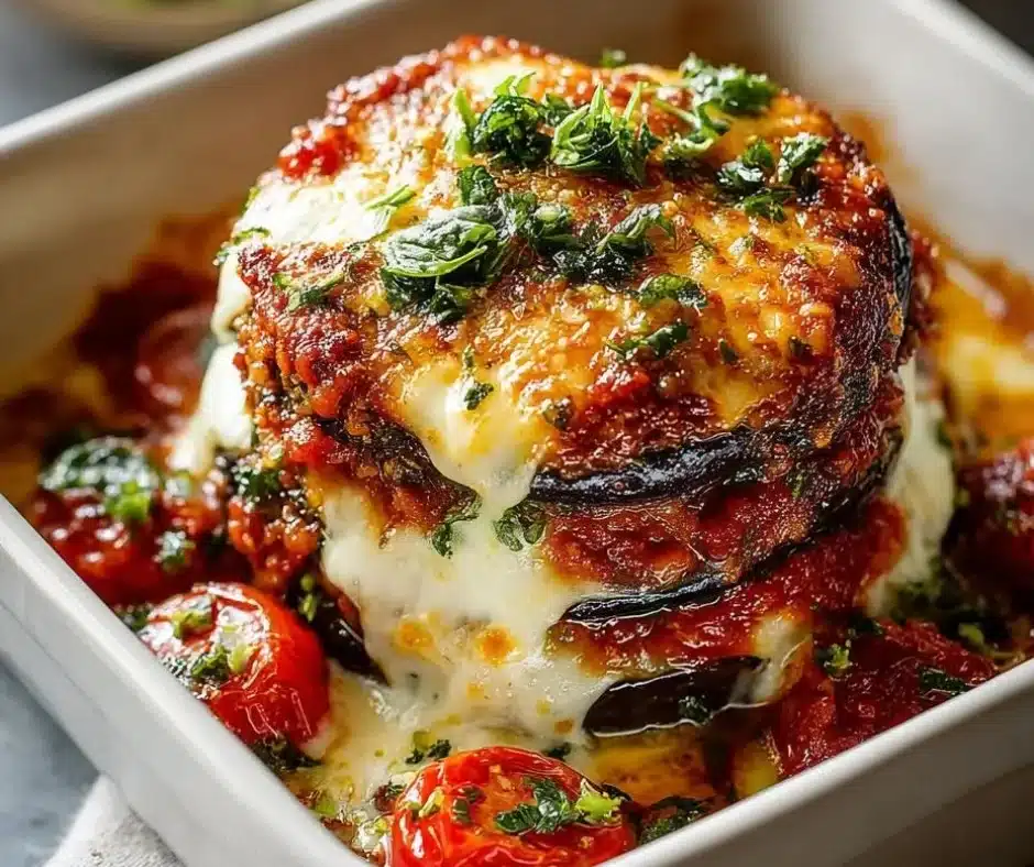 Served Eggplant Parmesan with melted cheese and marinara sauce on a plate.