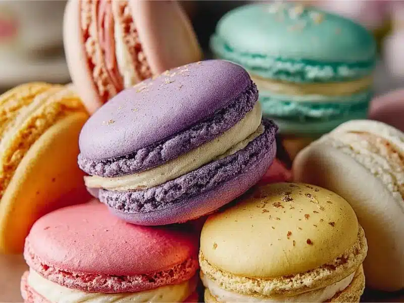 Assorted colorful French macarons displayed on a decorative plate.