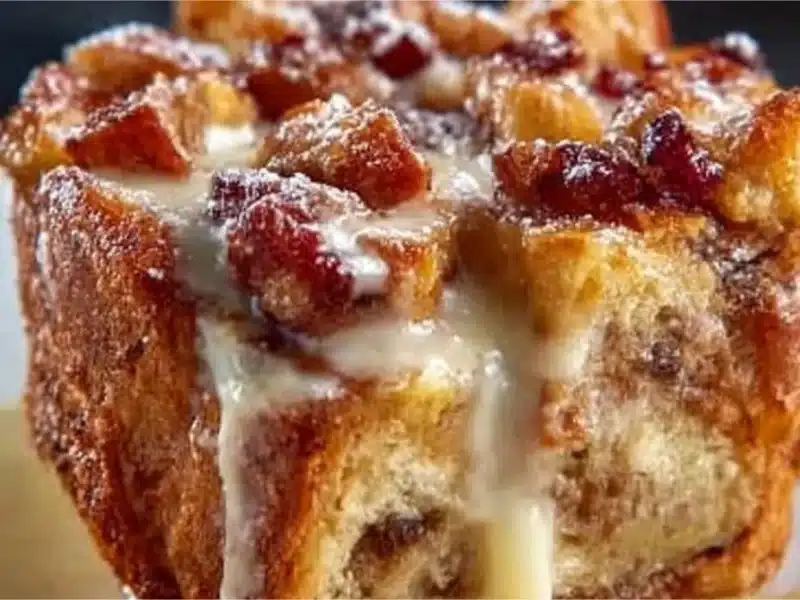 Delicious Gordon Ramsay bread pudding topped with caramel sauce and fruits.