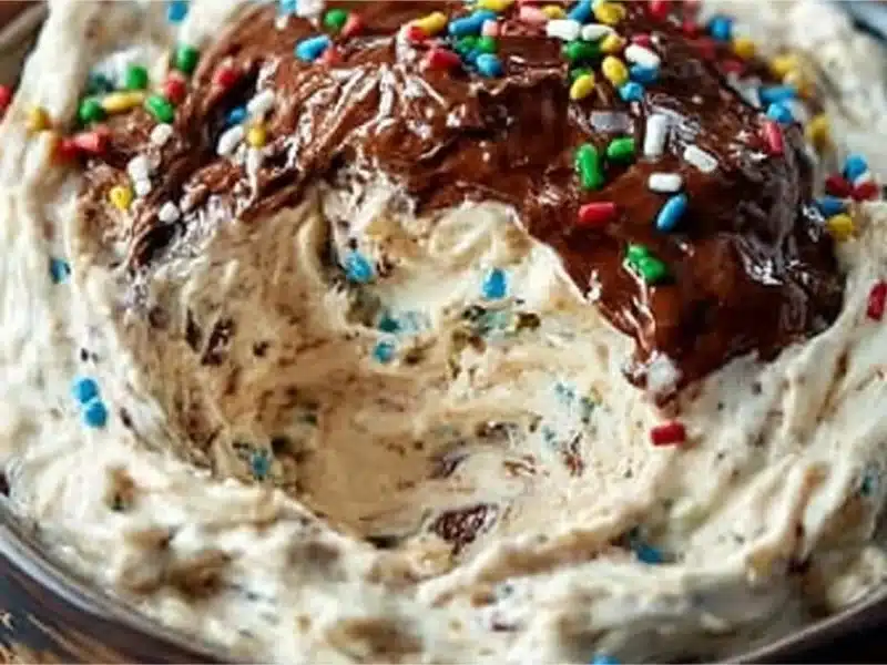 High protein Dunkaroo Dip served with colorful sprinkles and fruit