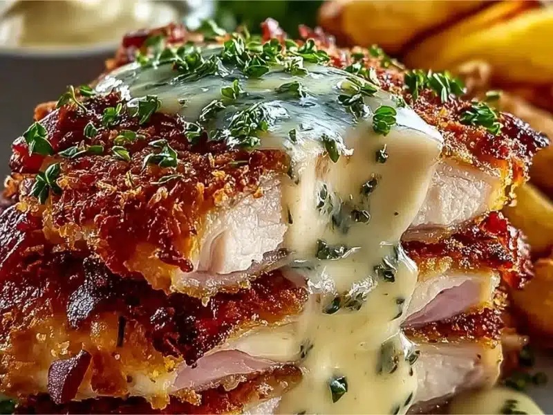 Plate of Malibu Chicken with ham and Swiss cheese garnished with herbs