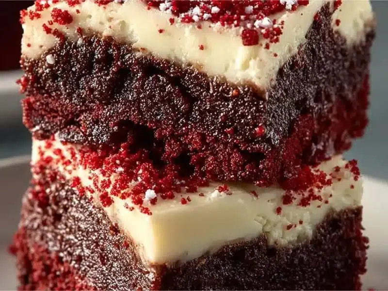 Delicious Red Velvet Brownies topped with cream cheese frosting
