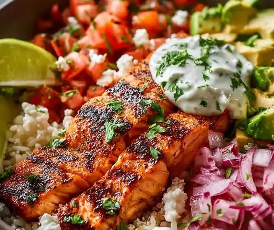 A colorful bowl of Salmon Taco Bowls garnished with fresh herbs and vegetables.