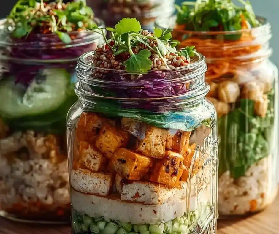 Colorful Tofu Sushi Salad Jars with fresh veggies and tofu for a healthy meal