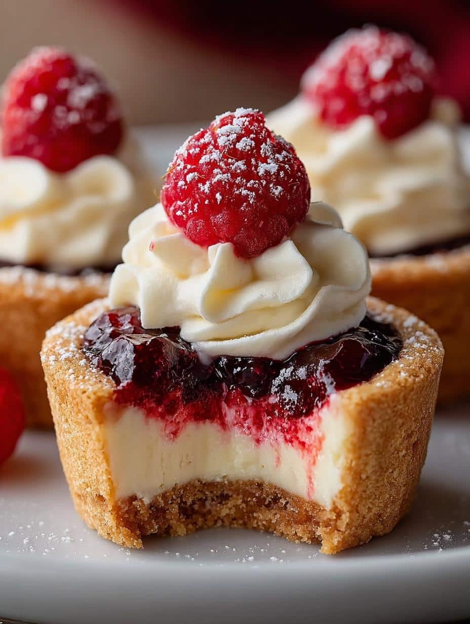 Delicious Raspberry Cheesecake Cookie Cups with vibrant raspberry jam topping