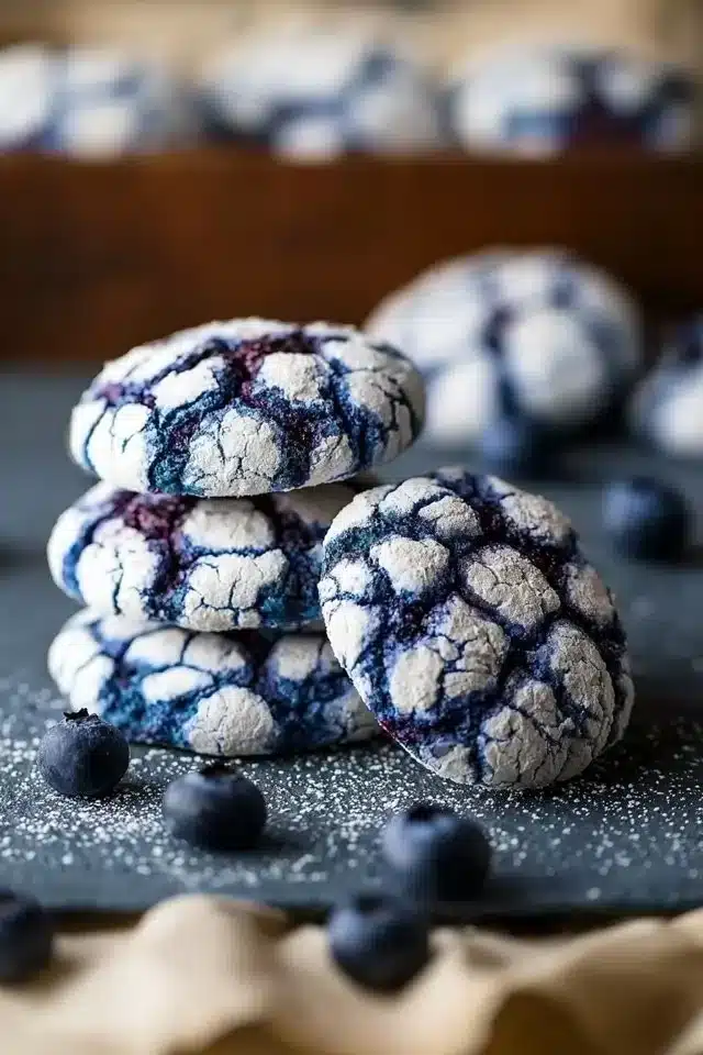 Freshly baked Blueberry Crinkle Cookies dusted with powdered sugar