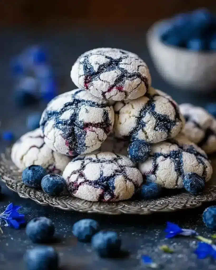 Delicious blueberry crinkle cookies on a cooling rack