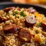 Delicious Cajun Sausage and Rice Skillet served in a pan