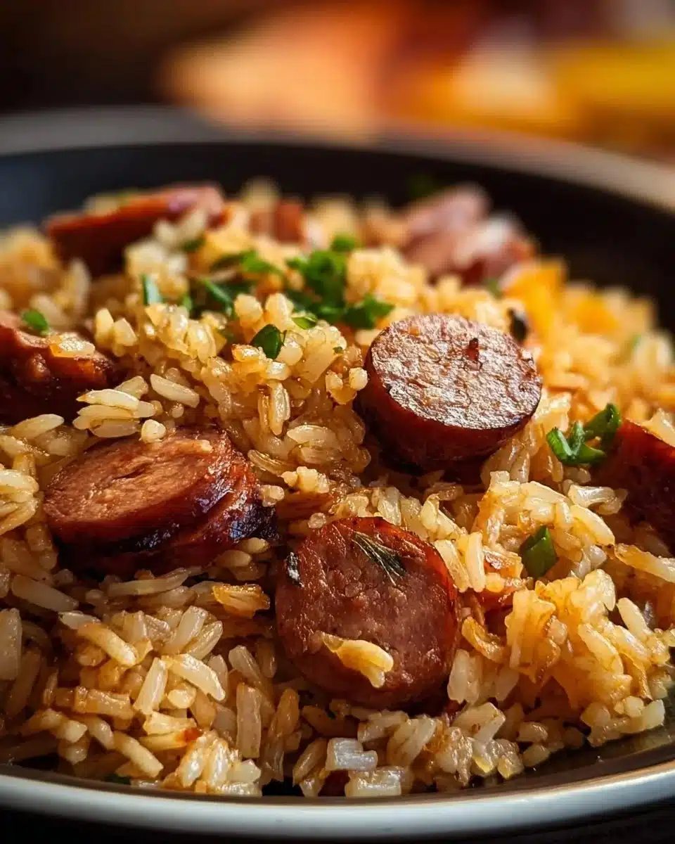 Cajun Sausage and Rice Skillet 1 Delicious Cajun Sausage and Rice Skillet served in a pan