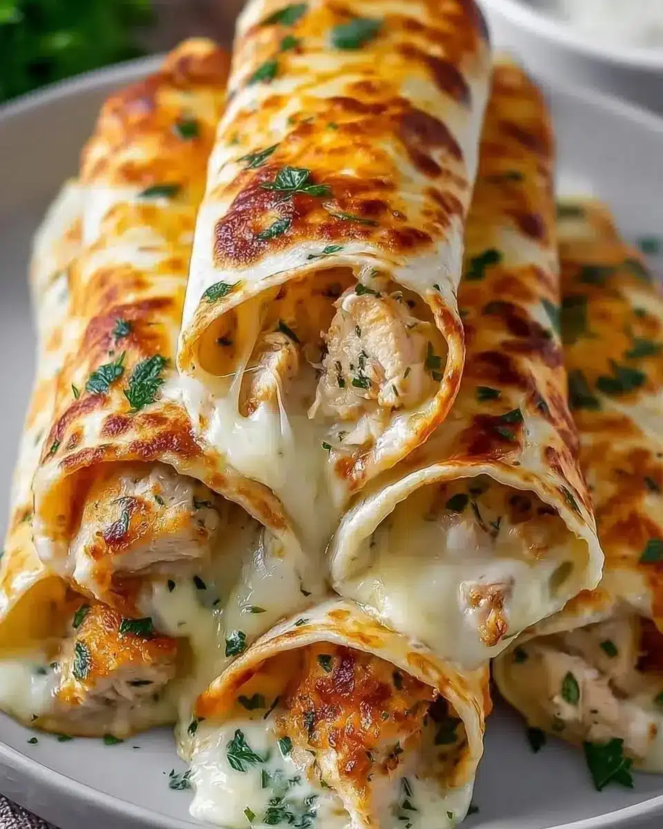 Cheesy Garlic Chicken Wraps 1 Delicious cheesy garlic chicken wraps served on a plate