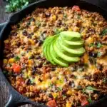 Cheesy Taco Rice Skillet with toppings in a cast iron pan