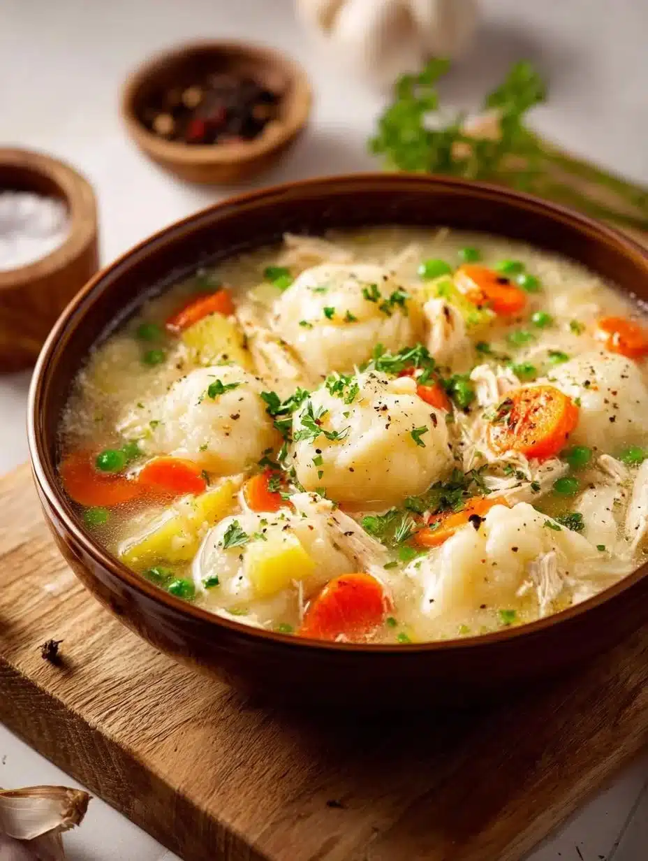 Bowl of Chicken Dumpling Soup with tender dumplings and fresh herbs