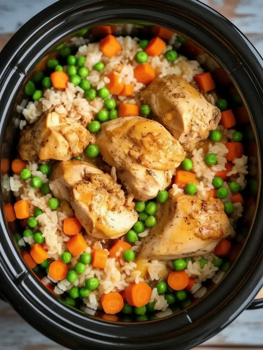 Chicken Fried Rice in the Crockpot 1 Crockpot chicken fried rice ready to serve, featuring colorful vegetables and tender chicken