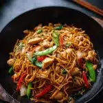 Plate of homemade Chicken Lo Mein with colorful vegetables and tender chicken