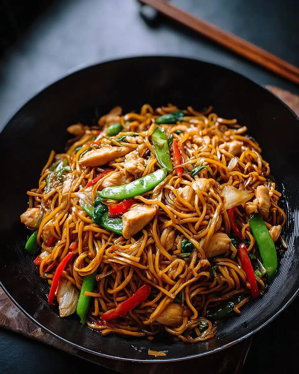 Plate of homemade Chicken Lo Mein with colorful vegetables and tender chicken