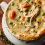 A hearty chicken pot pie soup topped with fresh herbs in a bowl