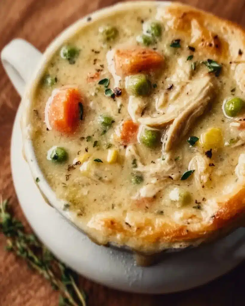 A hearty chicken pot pie soup topped with fresh herbs in a bowl