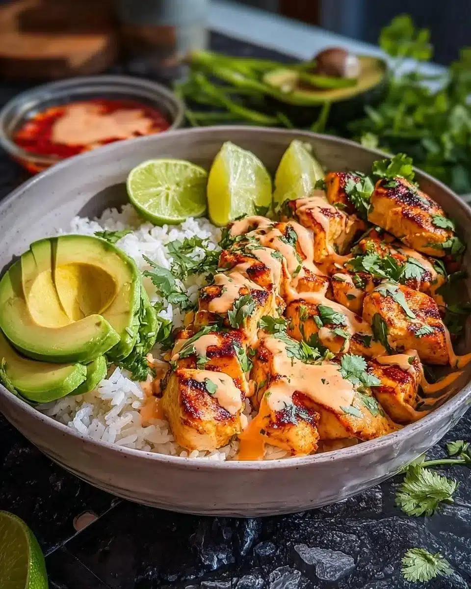 Coconut Chicken Rice Bowl 1 Coconut Chicken Rice Bowl topped with fresh herbs and vibrant veggies