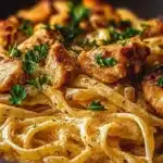 Bowl of Cowboy Butter Chicken Linguine garnished with fresh herbs