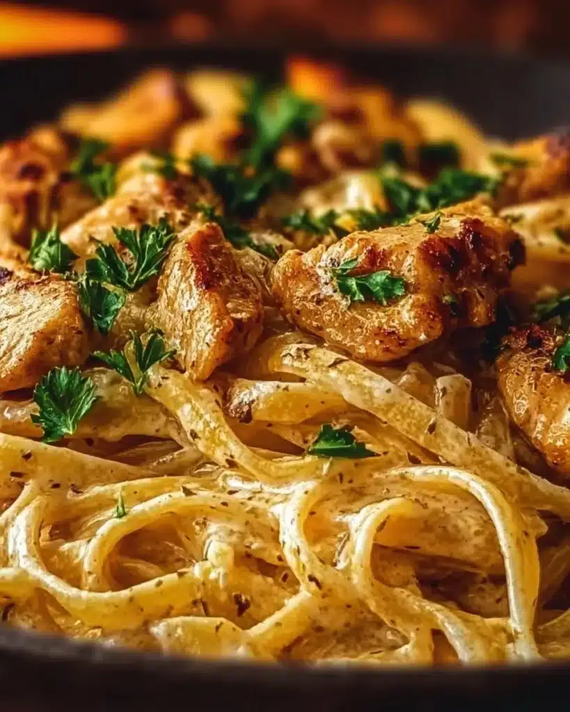 Bowl of Cowboy Butter Chicken Linguine garnished with fresh herbs