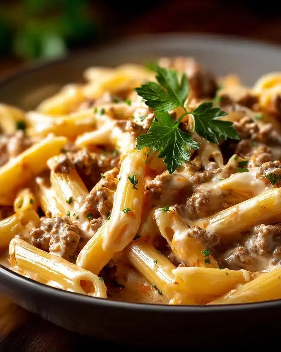 Creamy beef pasta dish garnished with herbs in a bowl