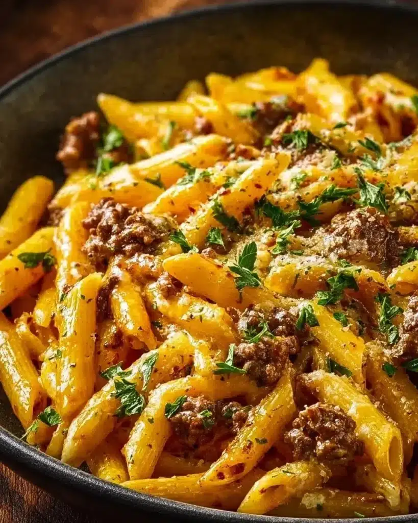 Creamy high protein beef pasta served in a bowl