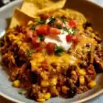 Delicious Crockpot Taco Casserole served in a dish with toppings.