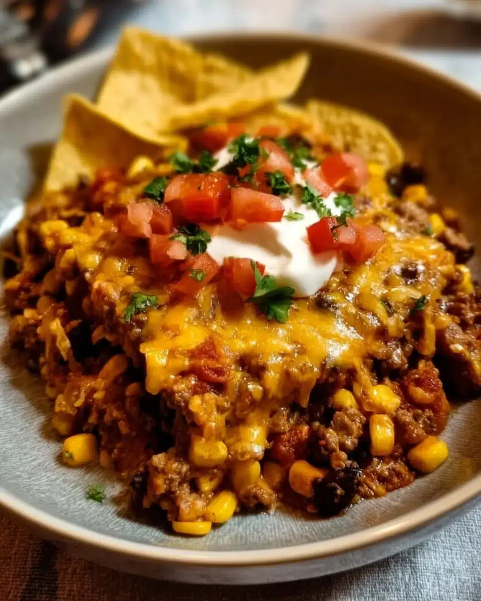 Crockpot Taco Casserole 1 Delicious Crockpot Taco Casserole served in a dish with toppings.