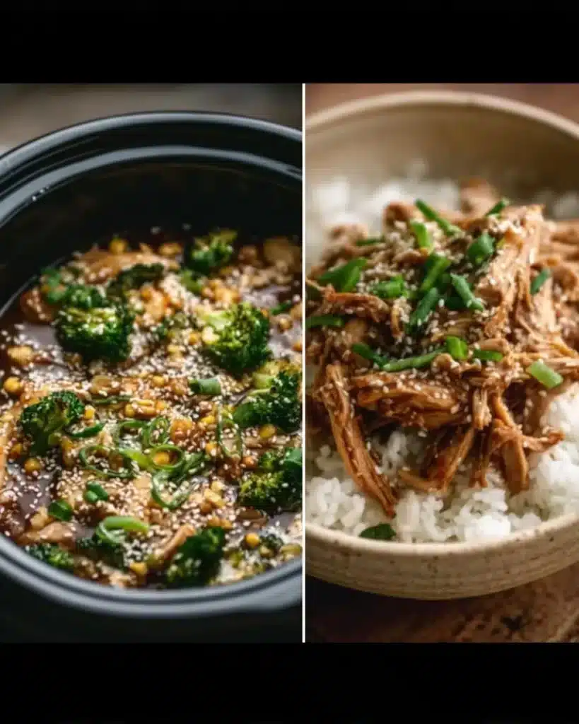 Delicious Crockpot Teriyaki Chicken served with rice and vegetables