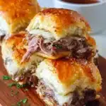 Tasty French Dip Sliders served with au jus for dipping