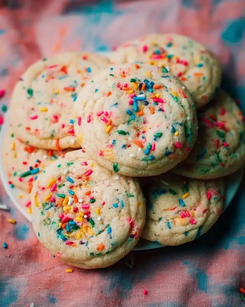 Delicious Funfetti Cookies with colorful sprinkles on a baking sheet