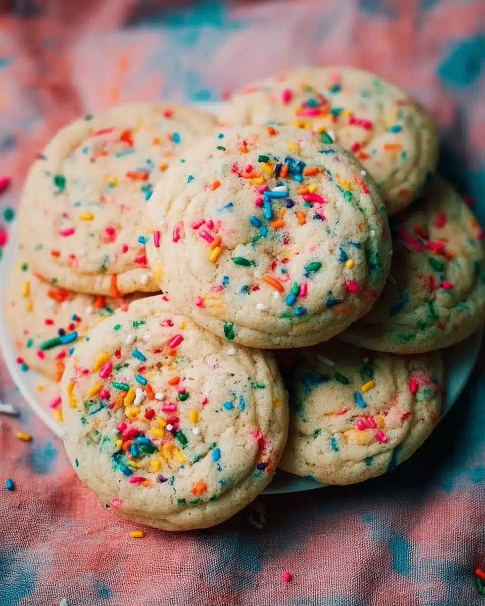 Funfetti Cookie Recipe 1 Delicious Funfetti Cookies with colorful sprinkles on a baking sheet