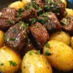Garlic Butter Beef Bites served with golden potatoes on a rustic wooden table.