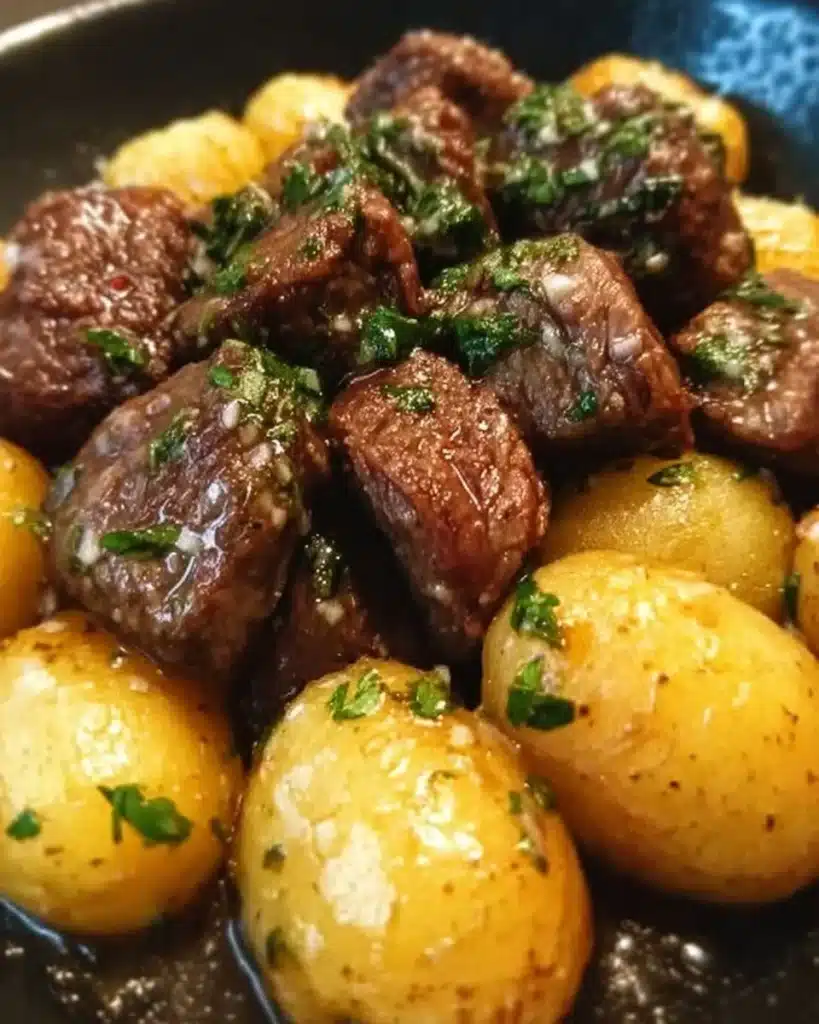 Garlic Butter Beef Bites served with golden potatoes on a rustic wooden table.
