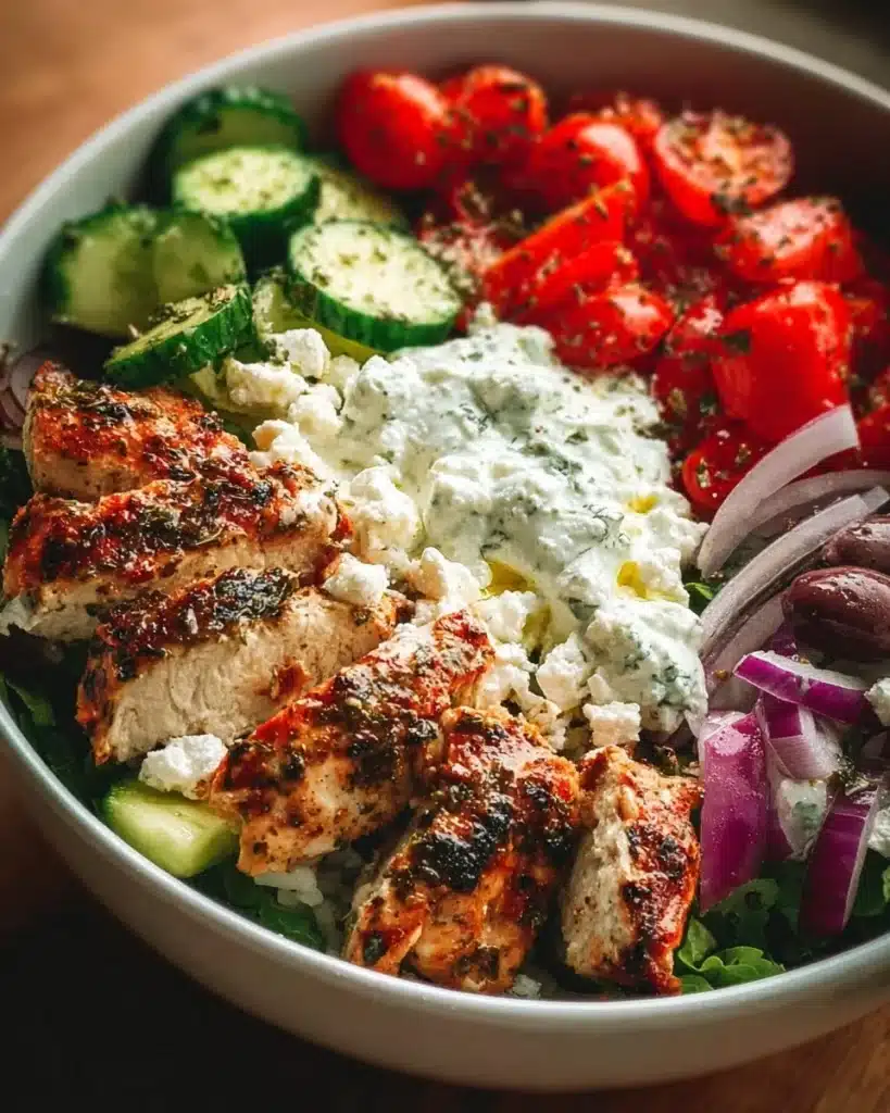 Healthy Greek Chicken Bowl with fresh vegetables and feta cheese