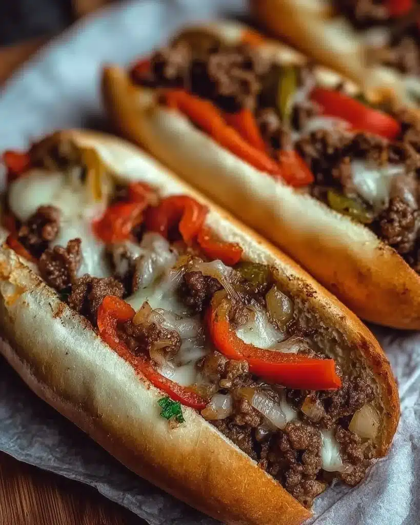 Delicious Ground Beef Philly Cheesesteaks served on a fresh hoagie roll