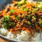 Ground Turkey Teriyaki Stir Fry with colorful vegetables in a bowl