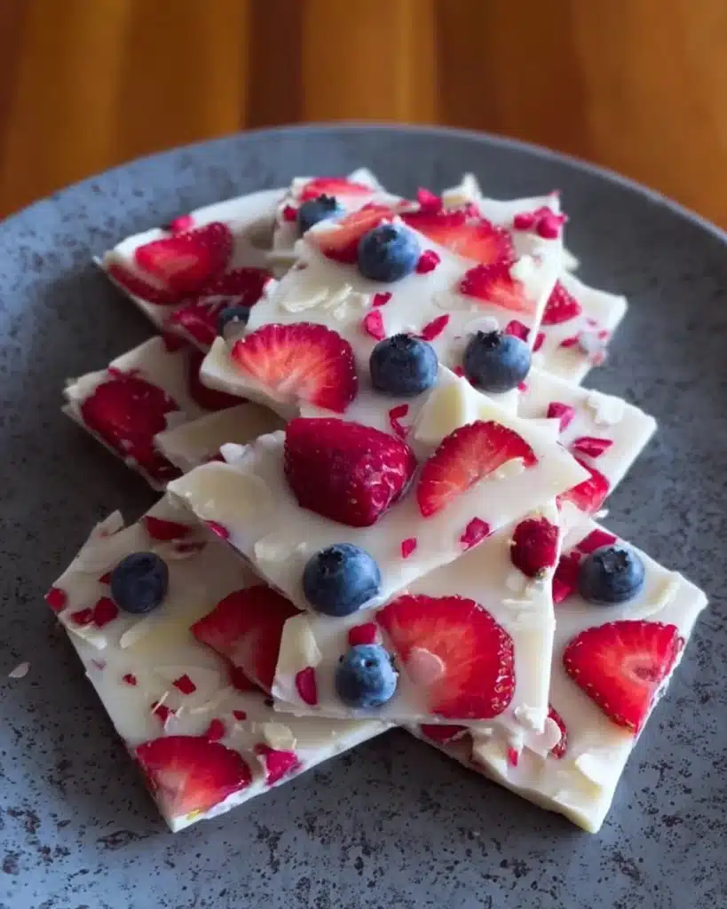 Healthy frozen yogurt bark topped with fruits and nuts on a white plate
