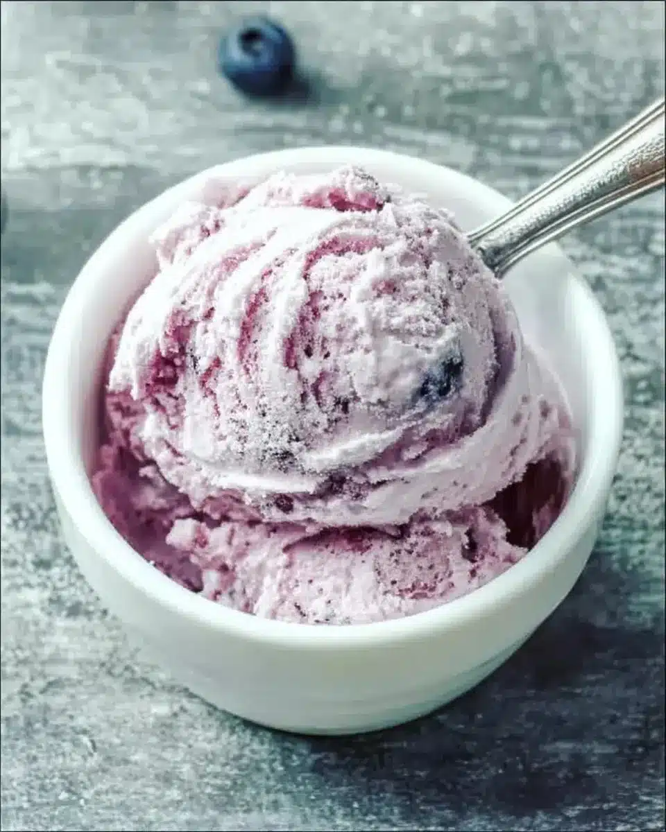 Keto Blueberry Cheesecake Ice Cream 1 Keto Blueberry Cheesecake Ice Cream served in a bowl with blueberries on top