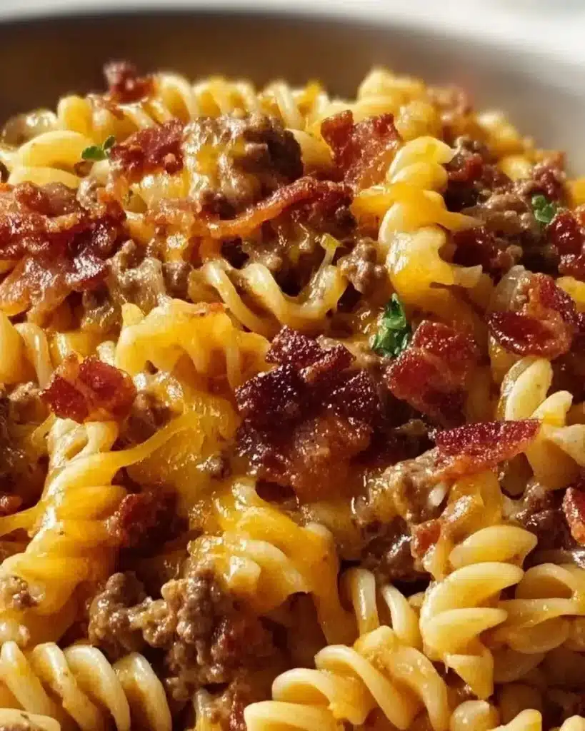 A delicious bowl of loaded bacon cheeseburger pasta topped with cheese and bacon