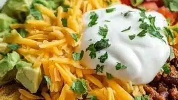 Delicious loaded potato taco bowl with toppings and fresh ingredients