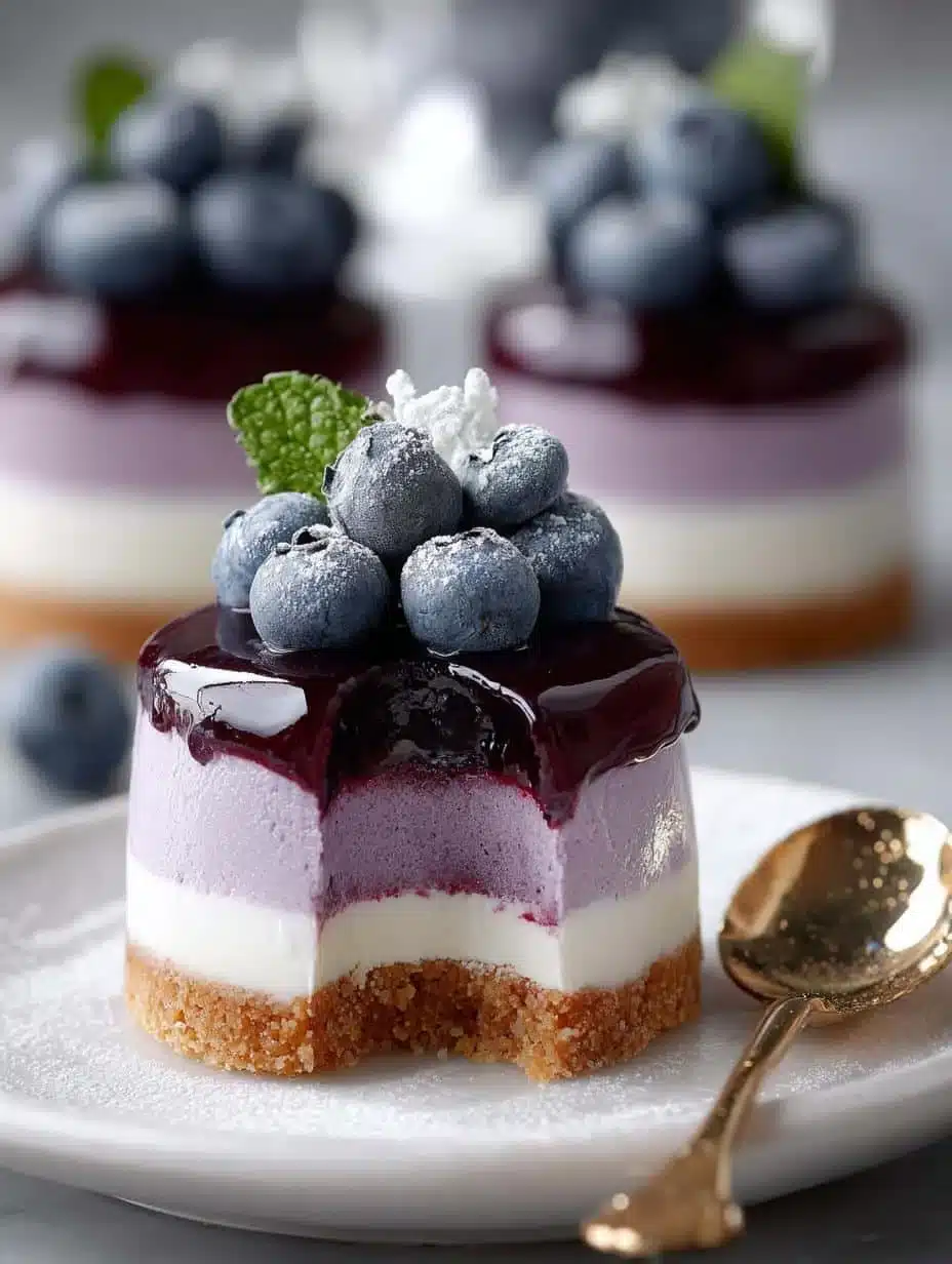 Delicious mini blueberry mousse cakes with cream and fresh blueberries.