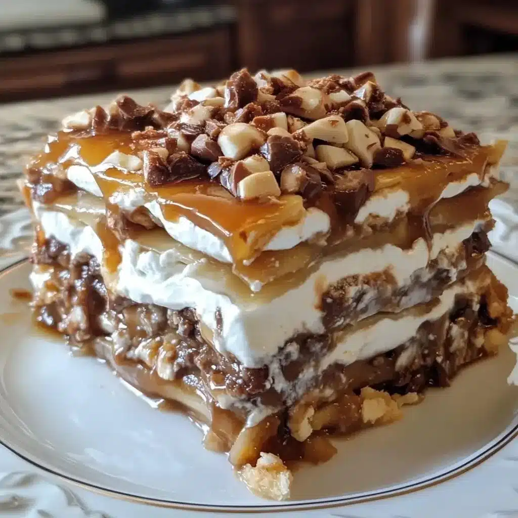 No-bake turtle lasagna dessert with layers of chocolate, caramel, and nuts
