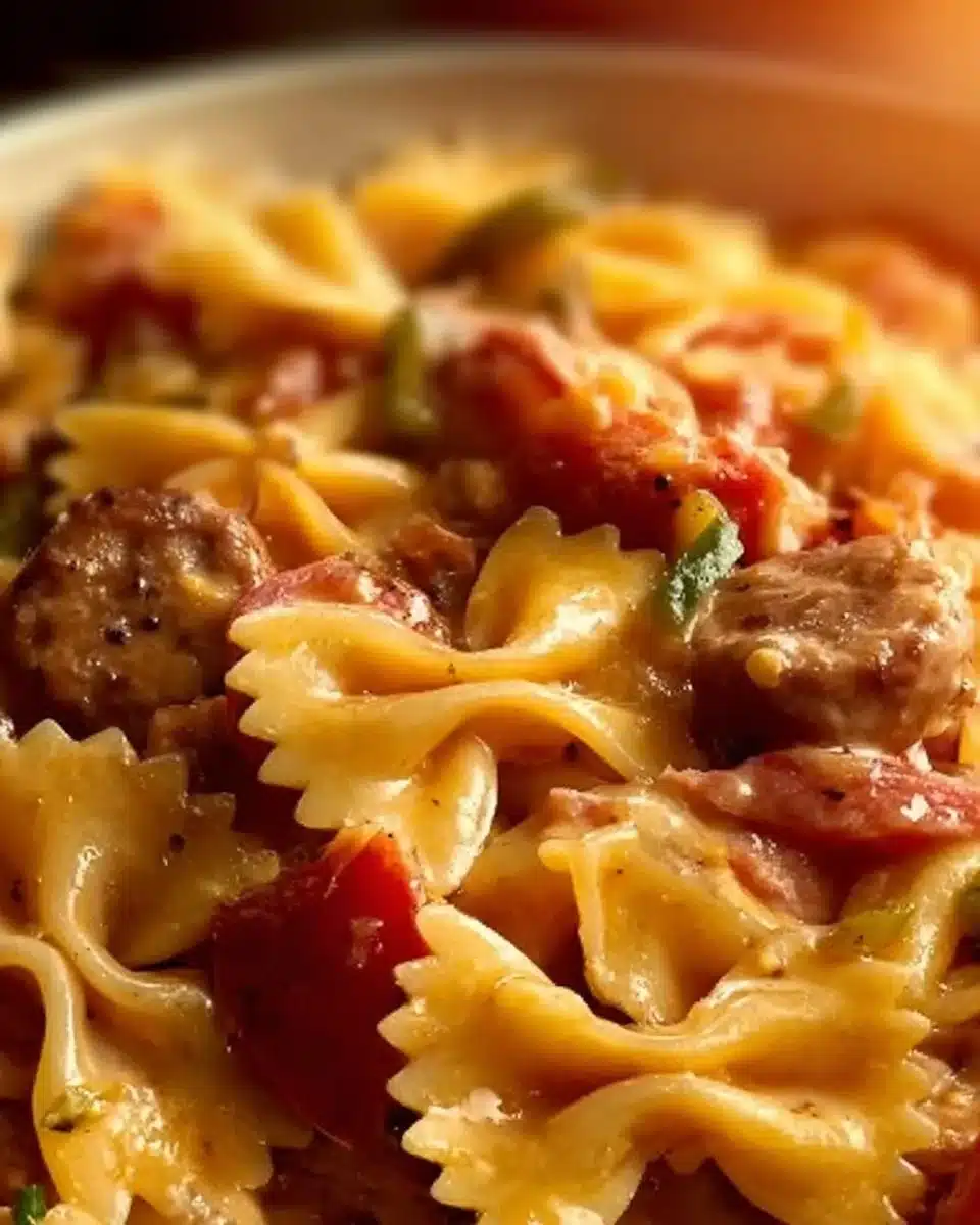One Pot Creamy Cajun Sausage Pasta 1 One Pot Creamy Cajun Sausage Pasta served in a bowl