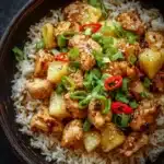 Pineapple Chicken and Rice dish garnished with fresh herbs
