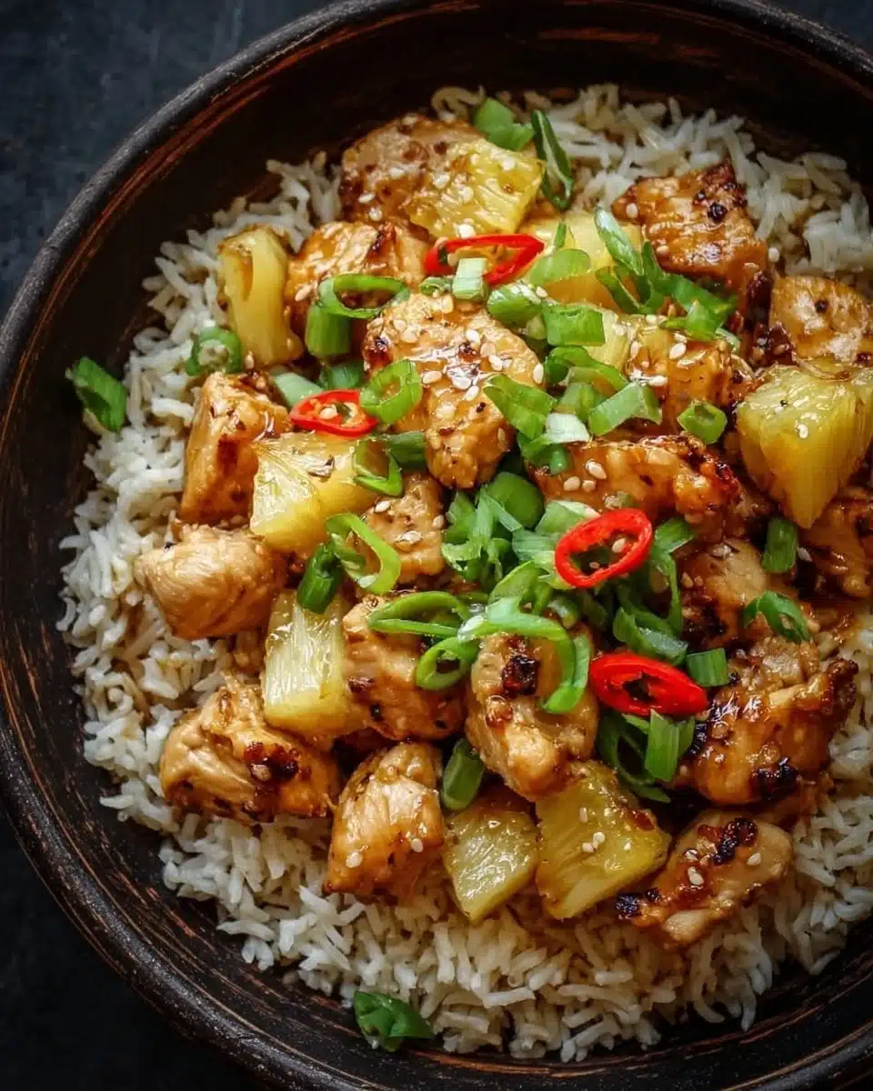 Pineapple Chicken and Rice 1 Pineapple Chicken and Rice dish garnished with fresh herbs