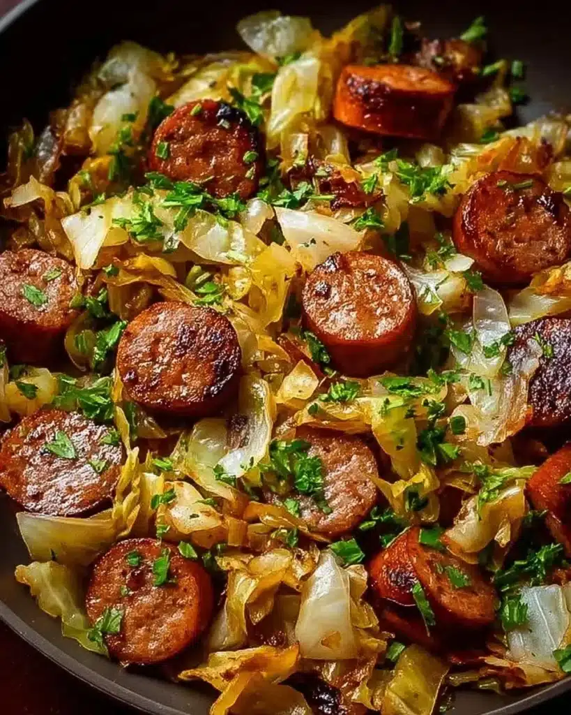 Sausage and cabbage stir fry served in a skillet with vibrant vegetables