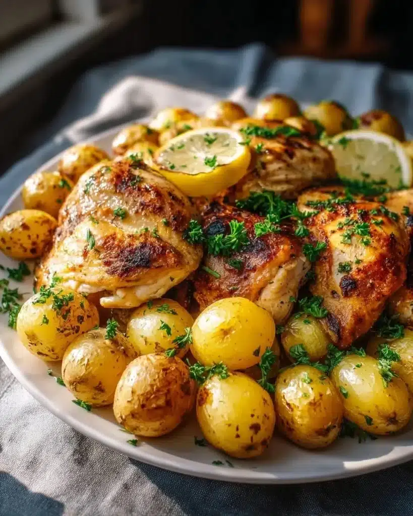 Sheet pan lemon balsamic chicken with roasted potatoes on a baking tray