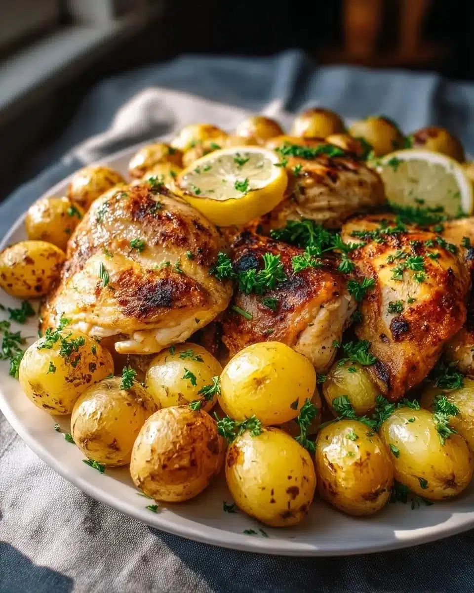 Sheet Pan Lemon Balsamic Chicken and Potatoes 1 Sheet pan lemon balsamic chicken with roasted potatoes on a baking tray